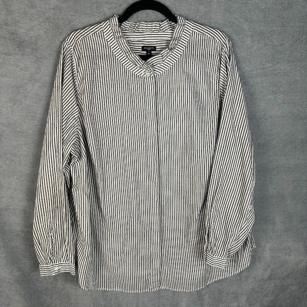 Talbots Top Womens 2X Gray White Striped Button Up Long Sleeve Career Preppy
